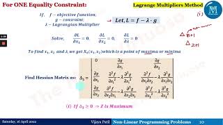 NonLinear Programming Problem  Lagrange Multiplier Method  Problem with One Equality constraint [upl. by Heurlin]