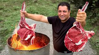 Recipe for Real Tomahawk Steaks on the Fire Making a Homemade Barrel Grill for Outdoor Cooking [upl. by Zilevi996]