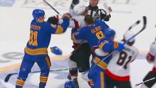 Brady Tkachuk Denis Gilbert Fight Michael Amadio Zach Benson Fight  Senators vs Sabres Highlights [upl. by Wolram]