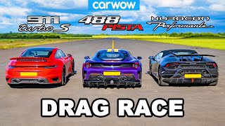 Porsche 911 Turbo S vs Ferrari 488 Pista vs Lamborghini Huracán Performante  DRAG RACE [upl. by Griffiths908]