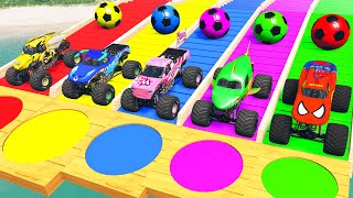 5 Monster Truck Spider Man vs Slide Colors with Trains vs Portal Trap  BeamNGDrive 12 [upl. by Erdnassac]