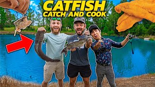 1v1v1 Catfish CATCH and COOK ROULETTE Mystery BAIT CHALLENGE [upl. by Asilej]