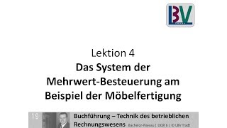 Mehrwertsteuer  Umsatzsteuer Vorsteuer Zahllast Beispiel Möbelfertigung FB L04 T02 [upl. by Nnaeirb652]