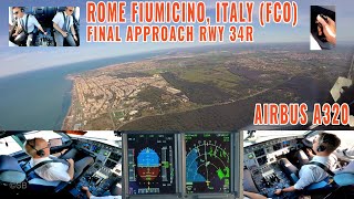 ROME FCO  Pilots  cockpit view of a beautiful Airbus A320 final approach  landing runway 34R [upl. by Cordi]