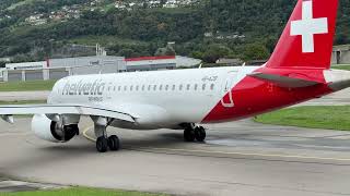 Embraer E190E2 HBAZB Helvetic Airways takeoff Sion airport Valais Switzerland 05092024 [upl. by Gerk]