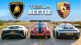 911 GT3 RS v Lambo V12 vs Tesla Beetle DRAG RACE [upl. by Rodmur]