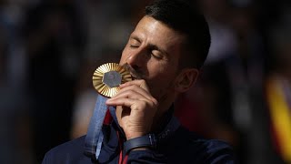 Djokovic wins his first Olympic gold medal after beating Alcaraz in mens tennis final [upl. by Yetnruoc]