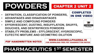 Powders complete  Chapter 2 Unit 2  Pharmaceutics 1 b pharmacy 1 semester  Carewell Pharma [upl. by Ynottirb]