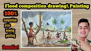 Flood composition painting  flood drawing easy  flood drawing for project  flood art [upl. by Ailema420]