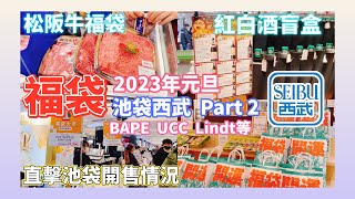 【2023福袋】東京池袋西武Part2 百貨公司 松阪牛 蟹 紅白酒 BAPE UCC Lindt GODIVA XLARGE xgirl sanrio mikihouse [upl. by Reuben]