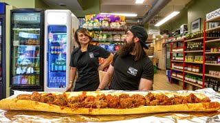 WIN 50 CASH IF YOU CAN FINISH THIS GIANT MEATBALL SUB IN CHICAGO  BeardMeatsFood [upl. by Collayer79]