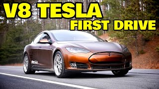 The worlds first V8 powered Tesla hits the road [upl. by Aushoj111]