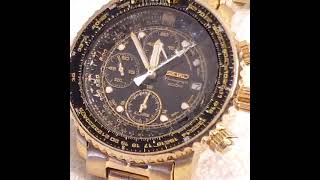 Seiko Chronograph Flightmaster Date Alarm Quartz Gold Tone Watch Stainless Steel Black Dial [upl. by Leisam]