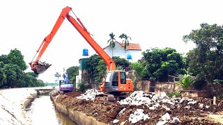 KOMATSU excavator and HITACHI excavate soil and rocks on river embankments and dump trucks [upl. by Ely]