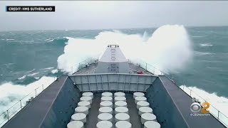 Royal Navy Ship Battles Big Waves During Storm At Sea [upl. by Essej]