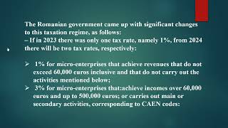 tax for micro enterprises Romania starting January 1 2024 1percent or 3 percent till 500k turnover [upl. by Aillemac607]