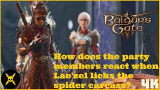 Baldurs Gate 3 How does the party members react when Laezel licks the spider carcass [upl. by Asetal]