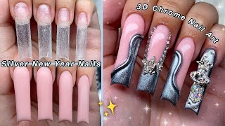 SILVER NEW YEAR NAILS✨ EASY POLYGEL APPLICATION amp 3D CHROME NAIL ART  Nail Tutorial [upl. by Okiram]