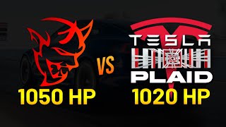 1020 HP Tesla PLAID vs 1050 HP Dodge Demon 14 mile DRAG RACE [upl. by Fredi]