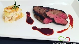 Zweierlei Kartoffelgratin Süßkartoffelgratin  Hüftsteaks  Rotweinsoße  Rezept amp Videoanleitung [upl. by Marcellina]