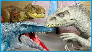 LEGO  Jurassic World Indominus Breakout 44  Rexy amp Blue amp Mosasaurus VS Indominus Rex FINAL [upl. by Leamhsi342]