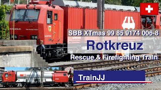 ▶ 4K SBB Firefighting and Rescue Train LRZ SBB Xtmas 174 006 Windhoff Dräger  Rotkreuz Switzerland [upl. by Hacissej]