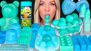 ASMR MUKBANG Teal Blue Dessert Edible Slime Blue Raspberry Drink Gummy Bear Strawberry Wax 먹방 [upl. by Nosyt50]