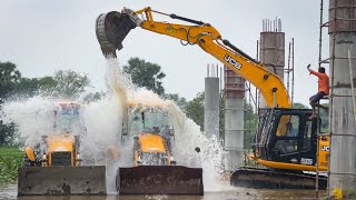 Washing with Atrocities JCB 145 Excavator and 2 JCB 3DX Owner vs Driver Fun in River [upl. by Beberg]