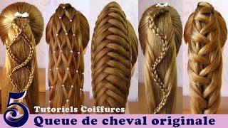 Tuto coiffures 🌺 queue de cheval originale 5 idées 🌺 facile à faire 🌺 Ponytail Hairstyles [upl. by Nol]