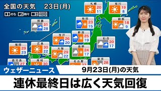 【9月23日月の天気予報】三連休最終日は広く天気回復 [upl. by Patrice]