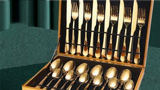 Gold Design Tableware Set Table Knife Spoon Fork And Coffee Spoon Gold Plated Stainless Review [upl. by Camile]