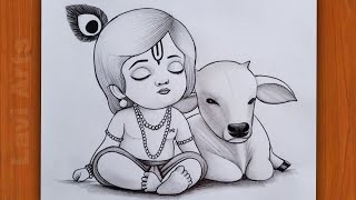 How to draw Krishna with Cow  Krishna drawing  Easy drawing step by step  pencil Sketch [upl. by Herminia]